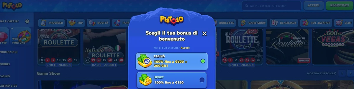 Bonus di benvenuto di Pistolo Casino Italia sul sito ufficiale
